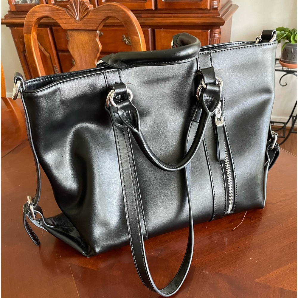 Yaluxe Satchel handbag, black, chrome accents